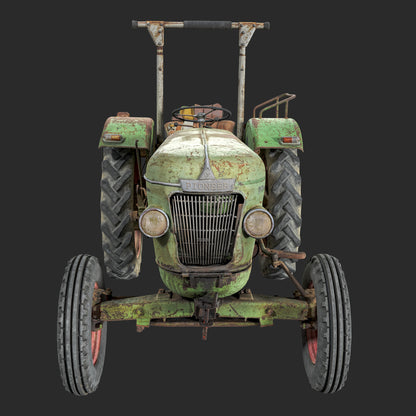 Realistic rendering of a 3D model of  used rusty Vintage Tractor - front view