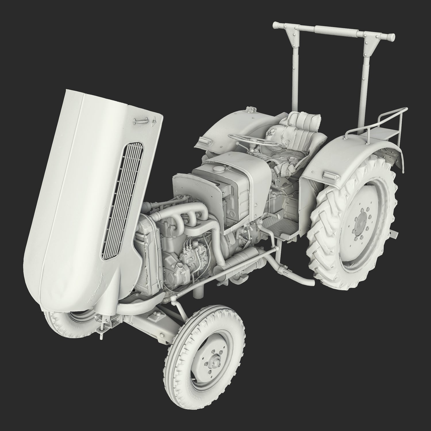 Ambient Occlusion map rendering of a 3D model of open used rusty Vintage Tractor - side view