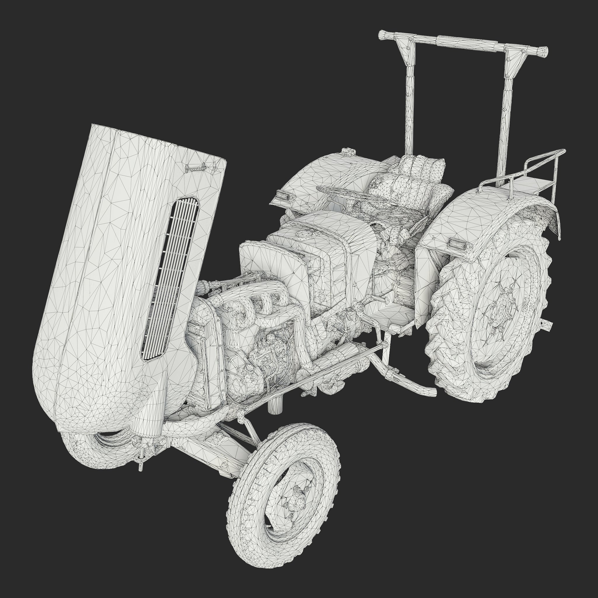 Wireframe rendering of a 3D model of open used rusty Vintage Tractor - side view