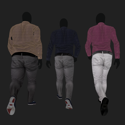 Albedo (Diffuse) map rendering of a 3D model of an animated walking male character dressed in a Camouflage Jacket and Jeans - front view