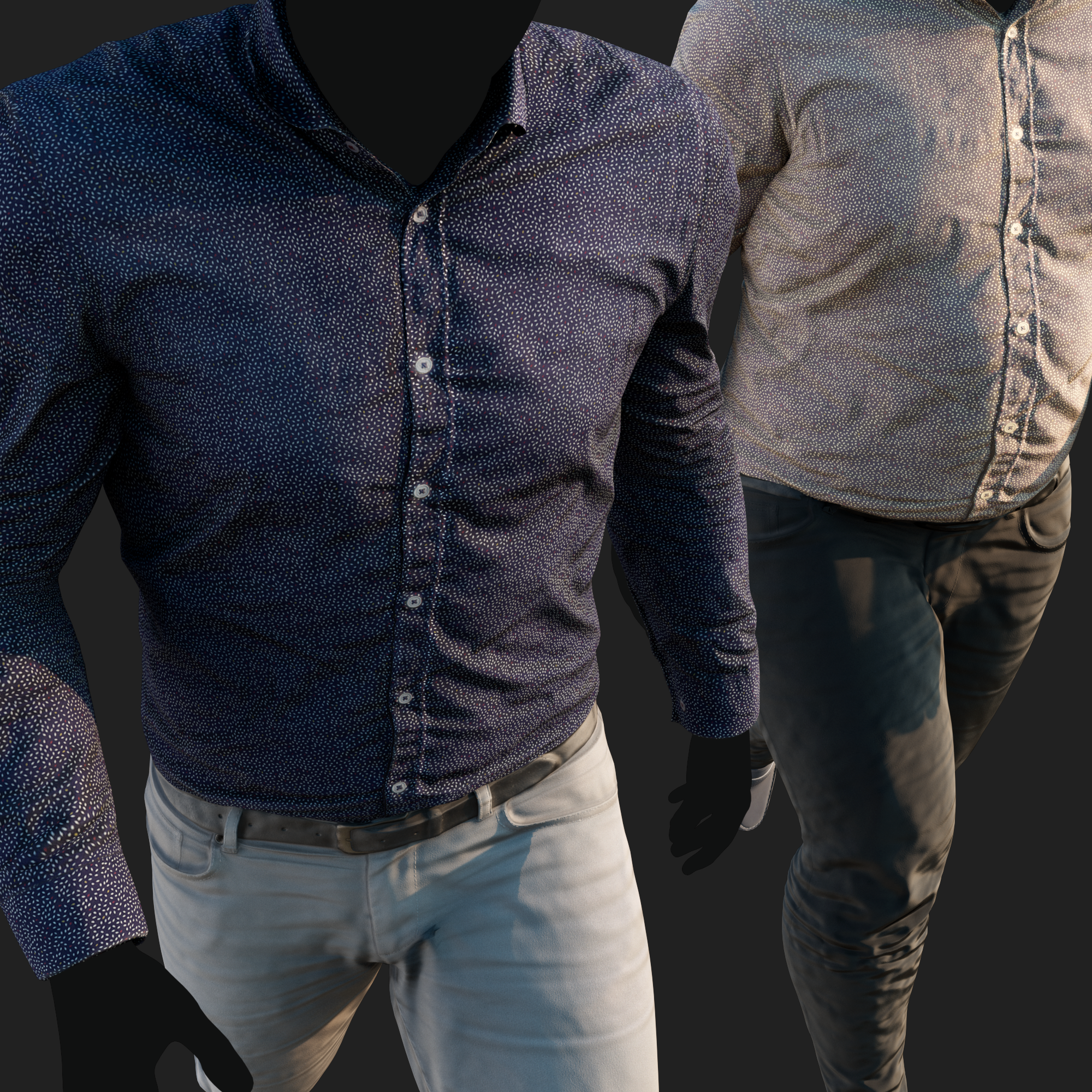 Realistic rendering of a 3D model of an animated walking male character dressed in a Camouflage Jacket and Jeans - top view