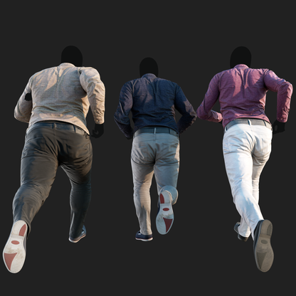 Realistic rendering of a 3D model of an animated runing male character dressed in a Camouflage Jacket and Jeans - back view