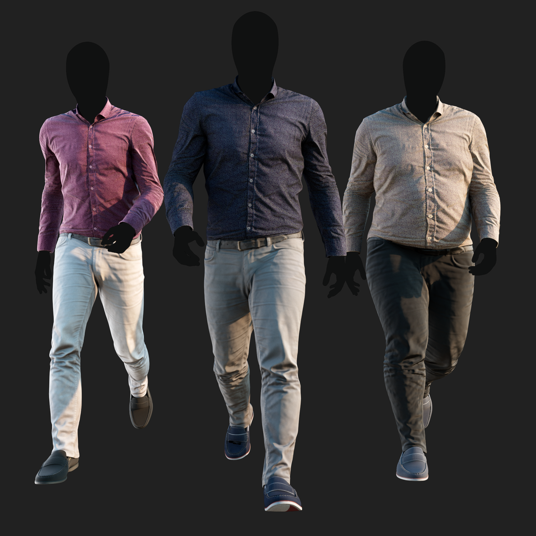 Realistic rendering of a 3D model of an animated walking male character dressed in a Camouflage Jacket and Jeans - front view