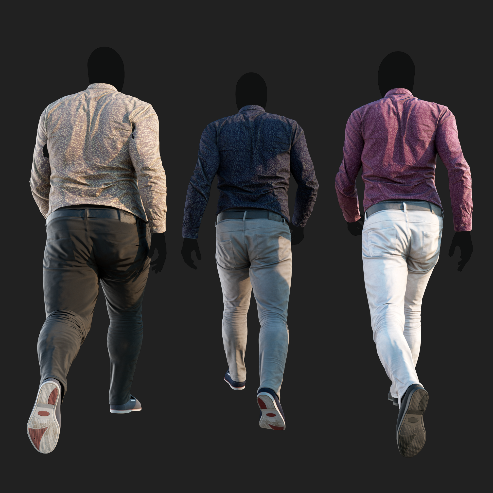 Realistic rendering of a 3D model of an animated walking male character dressed in a Camouflage Jacket and Jeans - back view