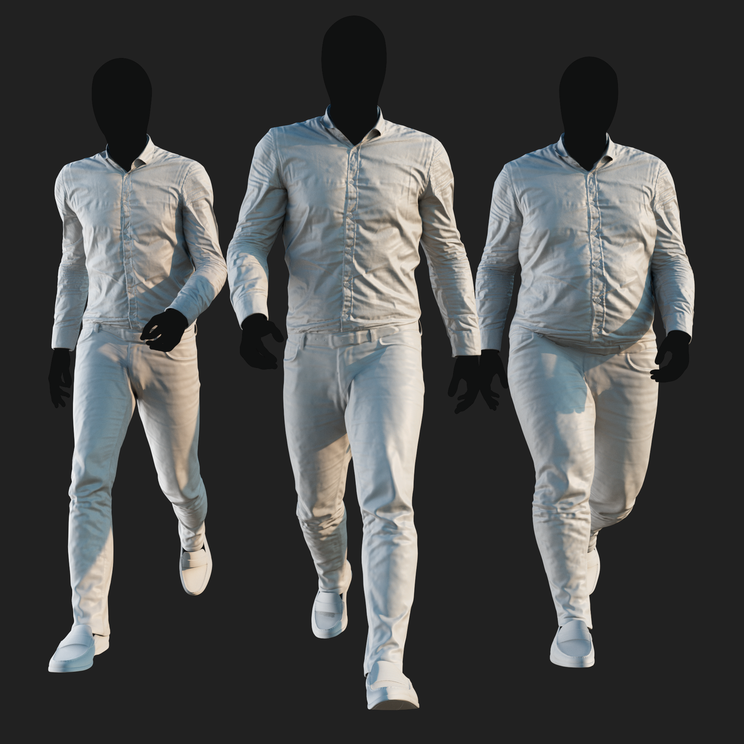 Ambient Occlusion map rendering of a 3D model of an animated walking male character dressed in a Camouflage Jacket and Jeans - front view