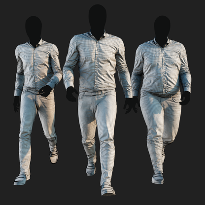 Wireframe rendering of a 3D model of an animated walking male character dressed in a Camouflage Jacket and Jeans - front view