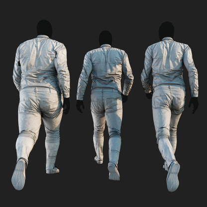 Wireframe rendering of a 3D model of an animated walking male character dressed in a Camouflage Jacket and Jeans - back view